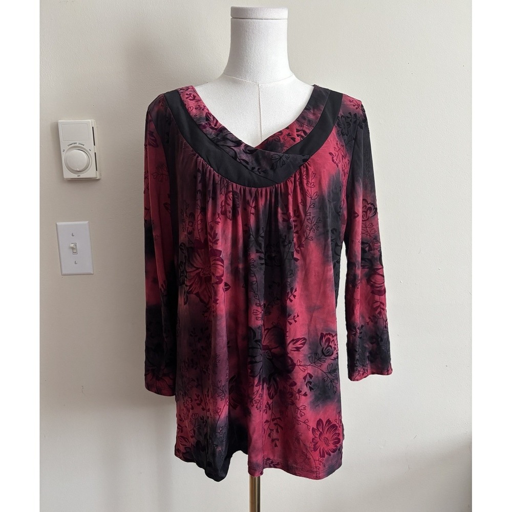 Dressbarn Top Womens Large Velvet Red Black Floral Stretch Whimsigoth 90s Y2K